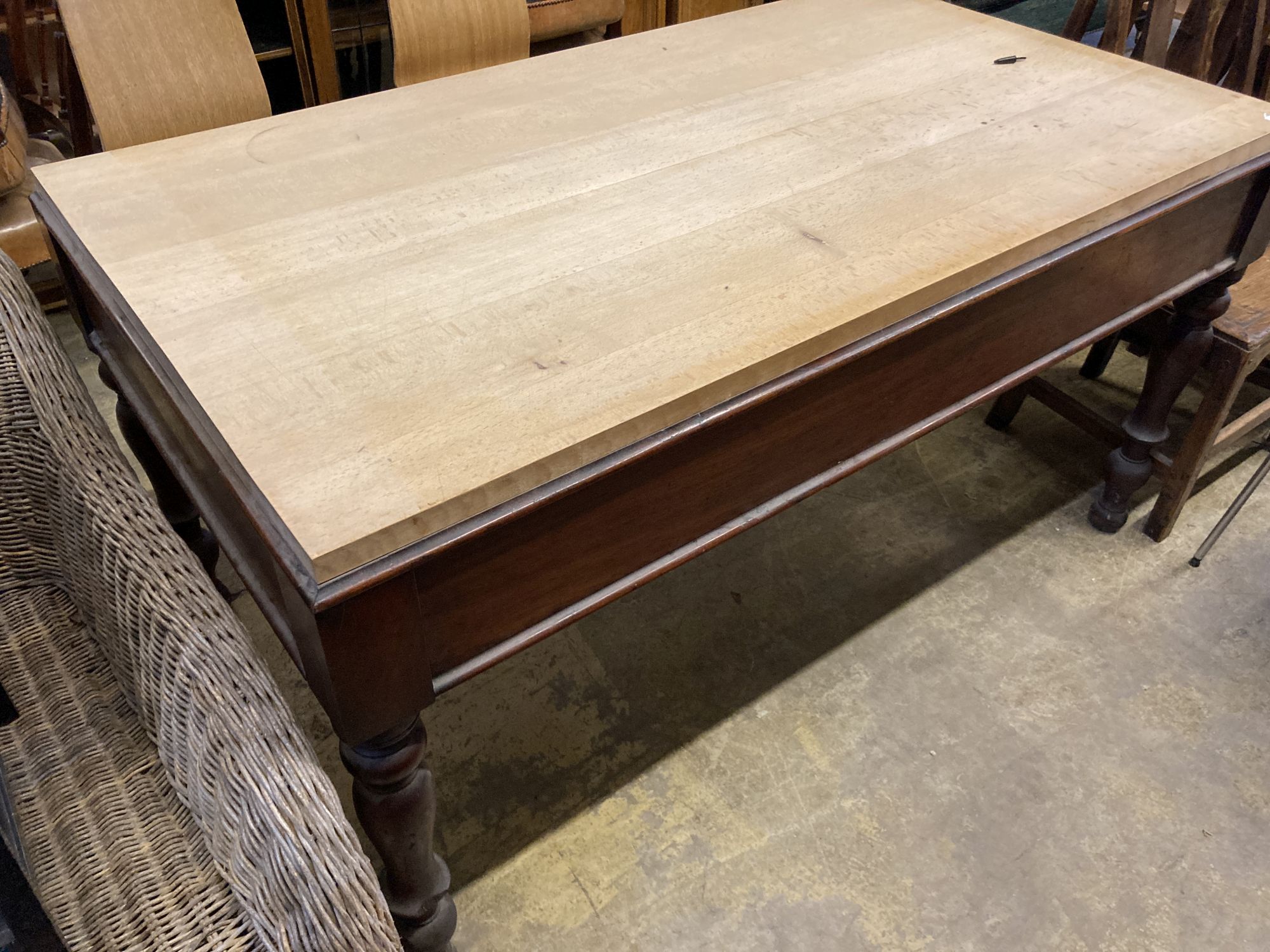 A Victorian mahogany rectangular kitchen table with associated beech top, length 150cm, depth 86cm, height 80cm